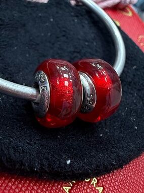 2 Red Murano Glass Beads S925